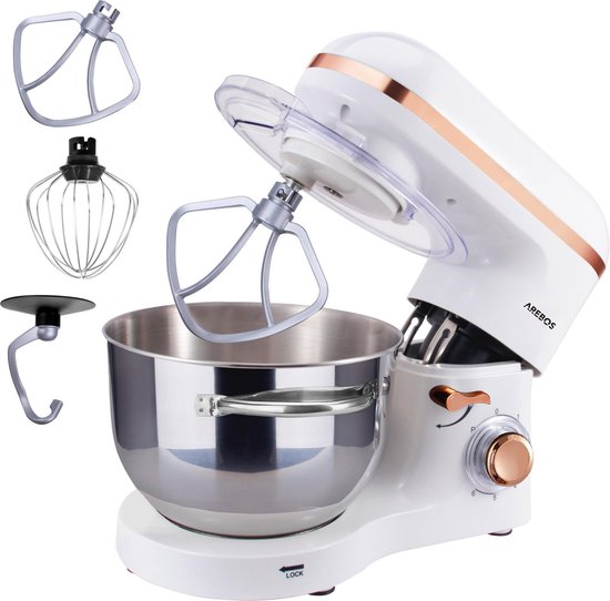 AREBOS Keukenmachine - 1500W - Keukenrobot - 6L - Keukenmixer - Foodprocessor - Roestvrij Stalen Mengkom - 6 Snelheden - Wit van AREBOS