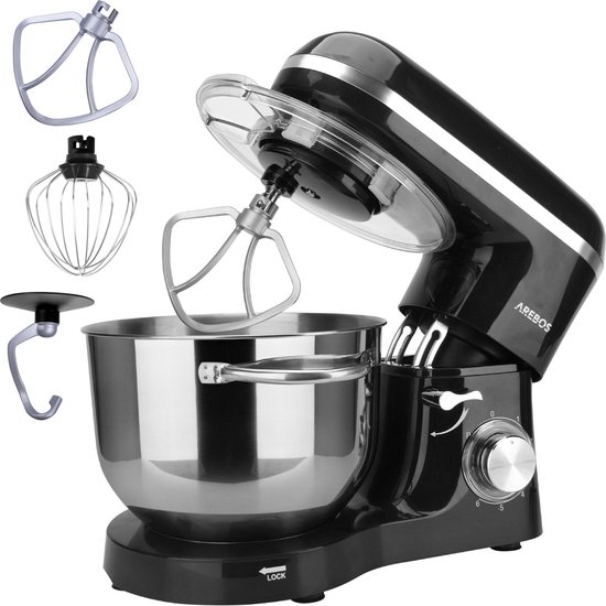 AREBOS Keukenmachine - 1500W - Keukenrobot - 6L - Keukenmixer - Foodprocessor - Roestvrij Stalen Mengkom - 6 Snelheden - Zwart van AREBOS