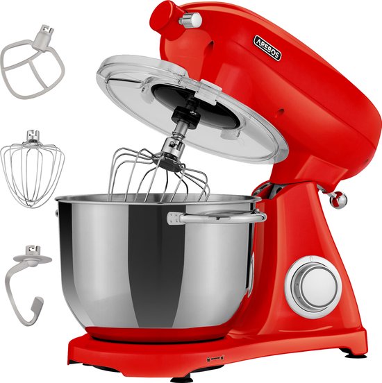 AREBOS Keukenmachine - 1800W - Keukenrobot - 6L - Keukenmixer - Foodprocessor - Roestvrij Stalen Mengkom - 6 Snelheden - Rood van AREBOS