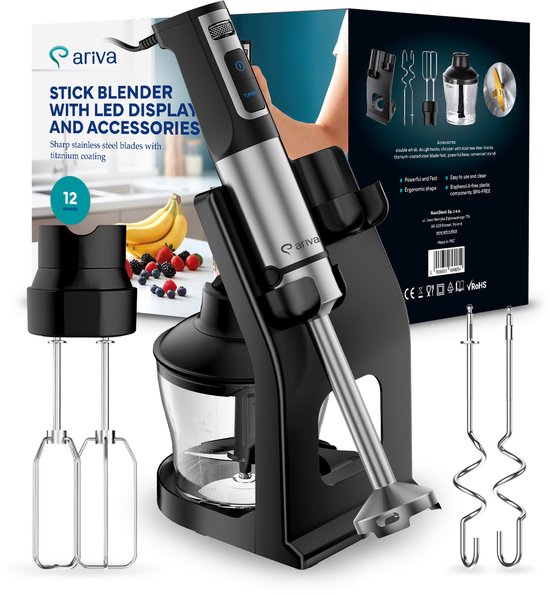 ARIVA-6 in 1-Staafmixer-Led-display-Accessoires-1500W-Mixen, hakken, kloppen-Titanium mes-0.8L-Standaard-Keukenmachine-Deeghaken-Garde van Ariva