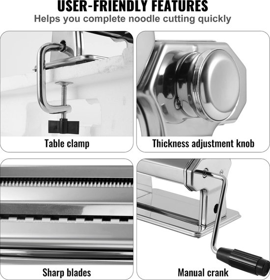 Asaam Roestvrijstalen Pastamakermachine, 9 Instelbare Dikte-Instellingen Noedels Maker, Roestvrijstalen Rollen En Snijder, Handmatige Handpers-Zilverkleurig Pastamaken,Maak Zeld Verse Pasta en Spaghetti met Tafelklem van Asaam