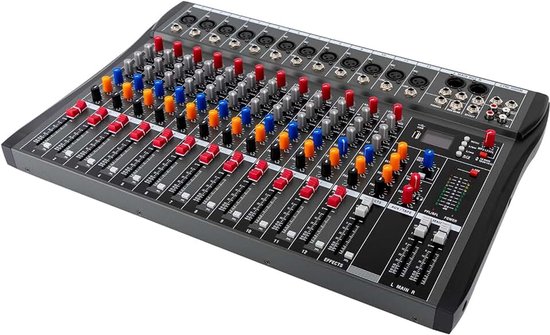 Audio-mixer, 12-kanaals stereo met 48 V fantoomvoeding, DJ-mixer, board, live studio met USB Sound Console Amplifier, mengpaneel audio-interface met Bluetooth DJ Sound Console Amplifier