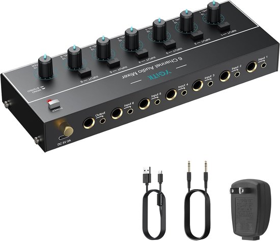 Audio Mixer, 6 Kanaals Stereo Line Mixer 1/4" & 1/8" TSR Audio Output Input Jack, Line Mixer Stereo/Mono Onafhankelijke Controle en Schakelaar voor Gitaren, Bass, Toetsenborden, Dynamische