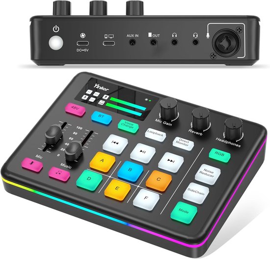 Audiomixer, RGB Audio-interface met 48V Phantom Power, Bluetooth, Voice Changer, 6 Aangepaste Geluidspads voor Live Streaming, Podcasting, Opname