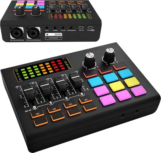 Audiomizer met professionele microfoonvoorversterker, twee XLR-/6,35 mm ingangen, 48 V fantoomvoeding, RGB, stemvervormer, soundpads - audio-interface voor podcasts