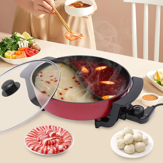 Aura® Hotpot Pan - Hotpot Electrisch - Chinese Fondue - Multifunctionele Pan - 6L - Rood - 42cm x 17cm x 9cm