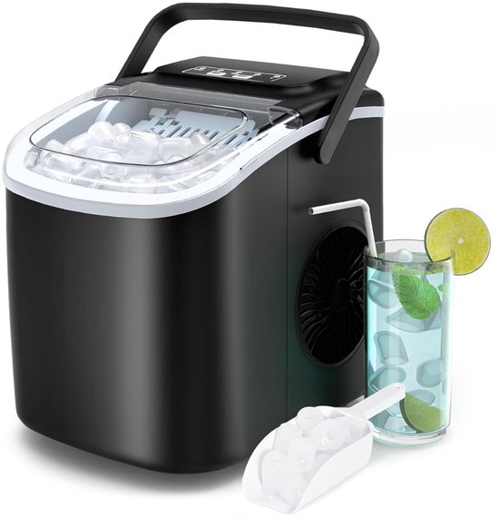 Aurixi® Krachtige IJsblokjesmachine – 2 Afmetingen – Zelfreinigende IJsmachine – IJsblokjesmachine Crushed Ice Machine – Crushed Ice Maker in Enkele Minuten – 1.2L - Zwart - 24cm x 31cm x 32cm