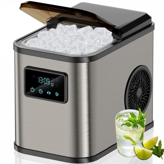Aurixi® Krachtige IJsblokjesmachine – 2 Afmetingen – Zelfreinigende IJsmachine – IJsblokjesmachine Crushed Ice Machine – Crushed Ice Maker in Enkele Minuten – 2L – LED-Scherm - Zwart/Zilver- 41cm x 28cm x 36cm