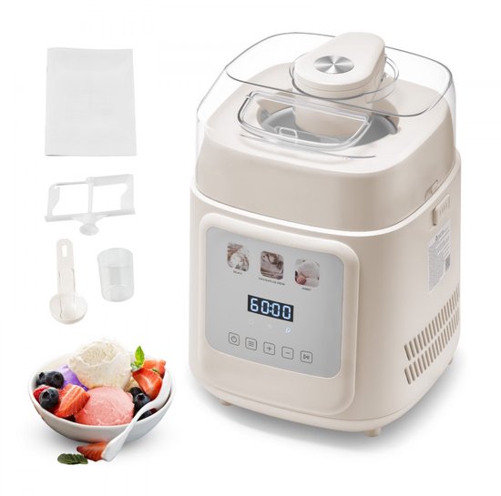 Automatische IJsmachine - Met Ingebouwde Compressor - 1 Liter Inhoud - Zonder Voorvriezen - 4 Programma's - Gelato/Roomijs/Sorbet/Frozen Yoghurt - Wit van Merkloos