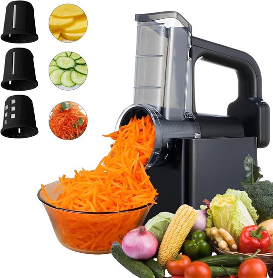 Automatische Kaasrasp en Groentensnijder met 3 Verwisselbare Messen, Ideaal voor Fruit, Groenten en Salades, RVS Ontwerp voor Eenvoudig Gebruik en Snel Snijden