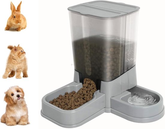 Automatische Kattenvoer- en Waterdispenser, 2-in-1 Gravity Voeder en Drinkbak voor Katten en Kleine Honden (Grijs)