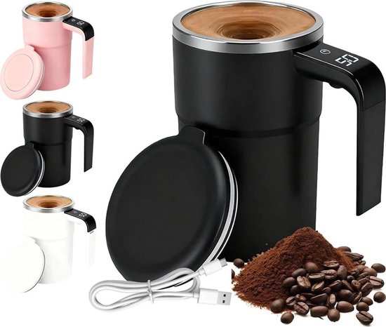 Automatische roerbeker voor koffie (380 ml), magnetische automatische roerbeker met temperatuurweergave, oplaadbare slimme koffiebeker met deksel - zwart van Merkloos