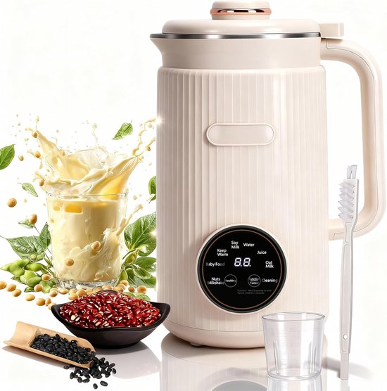Automatische Sojamelkmachine, 8 in 1 Notenmelkmaker, met 12 Messen Temperatuurregeling, Warm Houden, 1,2 Liter Capaciteit, 800 W Vermogen, voor Latte Cappuccino-soep (Beige)