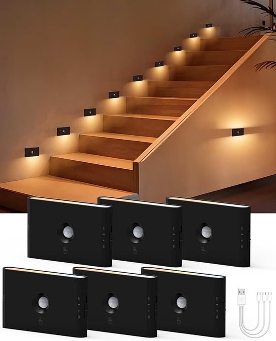 Automatische verlichting met magnetische bevestiging, oplaadbare trapverlichting voor binnenruimtes, op batterijen werkend licht voor badkamer, hal, keuken