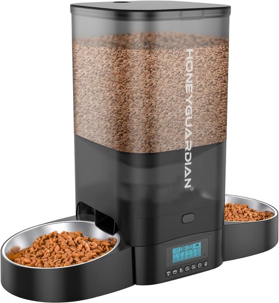 Automatische Voederdispenser voor 2 Katten of Honden, 5L met Timer, Gelijkmatige Voedselverdeling, Drievoudige Dichting en 10s Stemopname, 1-6 Maaltijden per Dag