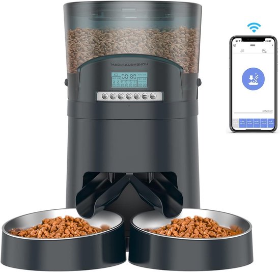 Automatische Voerdispenser voor Katten en Honden met App en Stemopname, Programmeerbaar voor 1-6 Maaltijden per Dag, 2.4G WiFi Verbinding