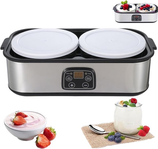 Automatische yoghurtmaker, 2L zelfgemaakte yoghurtmaker met LED-display en 2 glazen containers, temperatuur en timer voor biologische yoghurt, zuivelproducten, kaas, natto