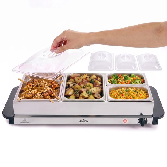 Aviro Buffetwarmer - Chafing Dish - Elektrisch - 2 x 2,5 Liter & 2 x 1,2 Liter - Incl. Deksel - 300W - RVS