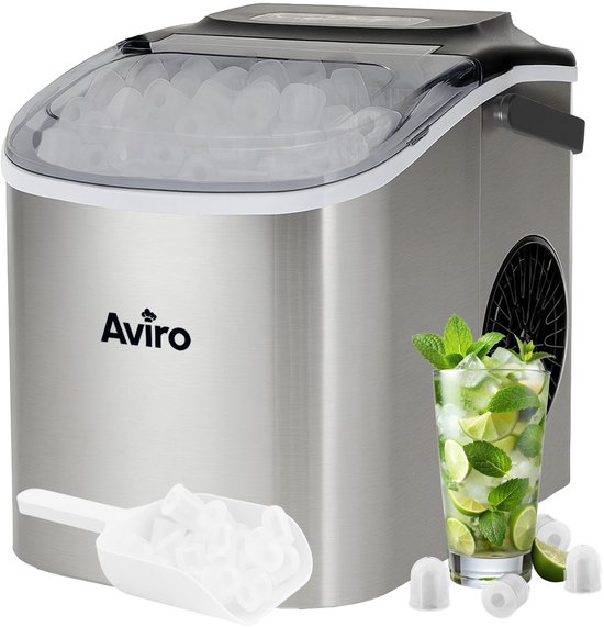 Aviro IJsblokjesmachine - 1,3L - Met IJsschep - Zelfreinigingsfunctie - 12KG / 24U - 9 Blokjes / 6 Min - Zilver van Aviro