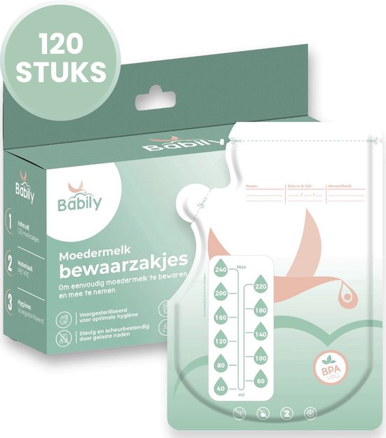 Babily - Moedermelk bewaarzakjes - 120 stuks - Borstvoeding bewaarzakje - Melkzakjes - 240 ml - Met dubbele sluiting en schenktuit van Babily