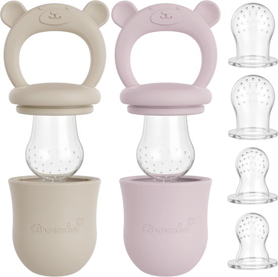 Baby Fruit Sucker - Set of 2 Beige and Pink - 100% Silicone Pacifier with Teether - ShopVlot