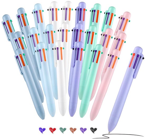 Balpen, meerkleurig, 6-in-1 intrekbare balpen met 0,7 mm vulling voor soepel schrijven, als cadeau voor studenten, kantoor en verjaardag om te tekenen