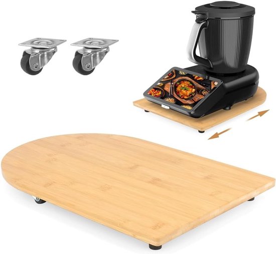 Bamboe glijplank met 360° wielen en antislip rubberen voetjes voor Thermomix - Bescherm je werkblad, eenvoudig verplaatsen en veilig gebruik met accessoires in natuurlijke houtkleur