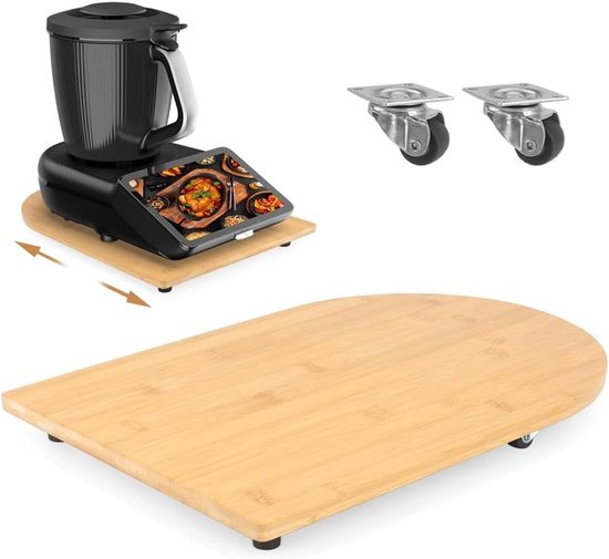 Bamboe glijplank voor keukenmachines met 360° wielen en antislip rubberen voetjes, ideaal voor veilig en snel verplaatsen zonder krassen op het werkblad, accessoires voor een georganiseerde keuken