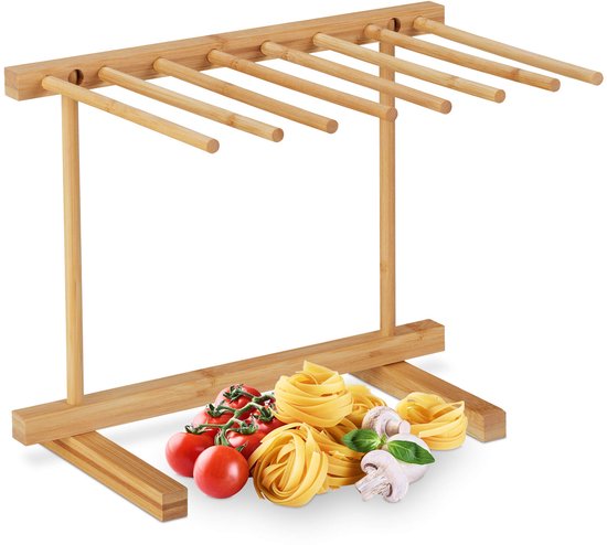 Bamboe Pasta Droogrek - Opvouwbaar Pastarek met 8 Armen - Ruimtebesparende Ophangdroger voor Lange Pasta en Spaghetti - 28 cm Hoog - Houten Pastadroger voor Zelfgemaakte Noedels en Deegwaren - Natuurlijke Bamboe Look