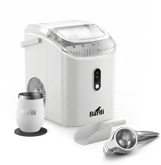 Bardi 1.1L - Nugget IJsblokjesmachine Rond - Crushed Ice Maker met IJsschep - 15kg/24 uur - Ijsblokjesmaker - Met Lux Thermosbeker - WIT - Citruspers RVS van Merkloos