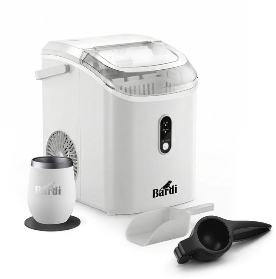 Bardi 1.1L - Nugget IJsblokjesmachine Rond - Crushed Ice Maker met IJsschep - 15kg/24 uur - Ijsblokjesmaker - Met Lux Thermosbeker - WIT - Citruspers Zwart van Merkloos