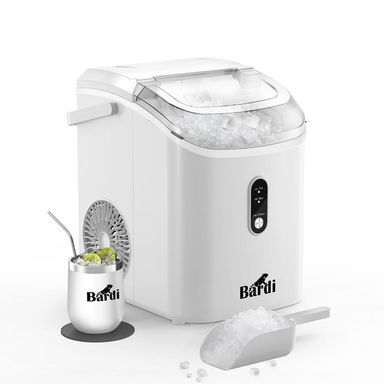 Bardi 1.1L - Nugget IJsblokjesmachine Rond - Crushed Ice Maker met IJsschep - 15kg/24 uur - Ijsblokjesmaker - Met Lux Thermosbeker - WIT van Bardi