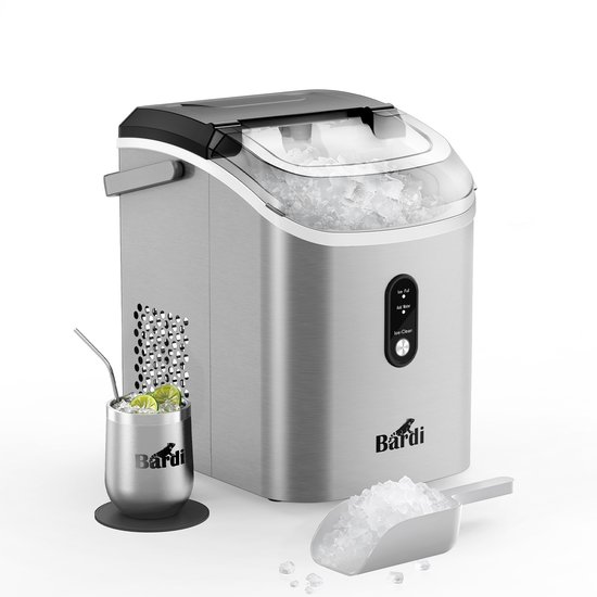 Bardi 1.1L - Nugget IJsblokjesmachine Rond - Crushed Ice Maker met IJsschep - 15kg/24 uur - Ijsblokjesmaker - Met Luxe Thermosbeker - RVS van Bardi