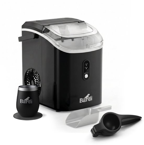 "Bardi 1.1L - Nugget IJsblokjesmachine Rond - Crushed Ice Maker met IJsschep - 15kg/24 uur - Ijsblokjesmaker - Met Luxe Thermosbeker - Zwart - Citruspers Zwart " van Merkloos