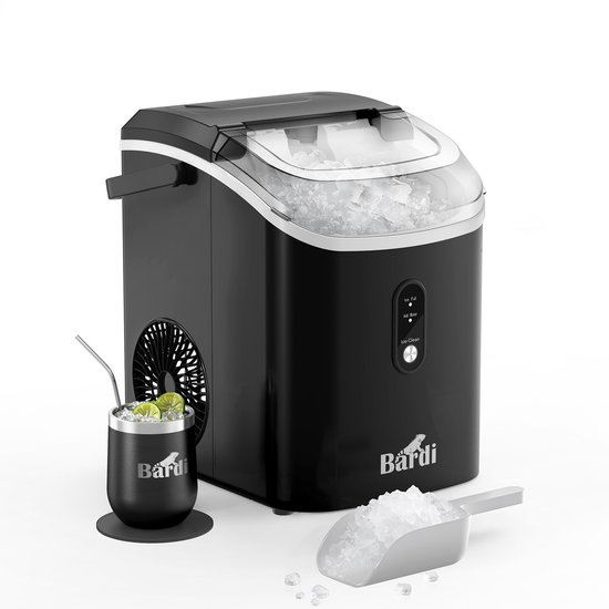 Bardi 1.1L - Nugget IJsblokjesmachine Rond - Crushed Ice Maker met IJsschep - 15kg/24 uur - Ijsblokjesmaker - Met Luxe Thermosbeker - Zwart van Bardi