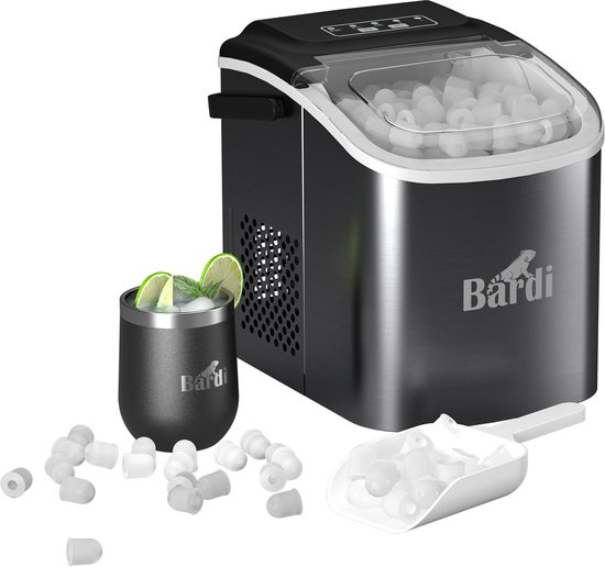 Bardi 1.2L Deluxe IJsblokjesmachine – IJsblokmaker Inclusief Luxe Thermosbeker en IJsschep – 9 Blokjes in 8 Minuten – Gunmetal Zwart
