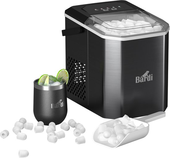 Bardi 1.3L Deluxe IJsblokjesmachine Square – IJsblokmaker Inclusief Luxe Thermosbeker en IJsschep – 9 Blokjes in 8 Minuten – RVS
