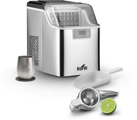 Bardi 3,2L Deluxe IJsblokjesmachine - Vierkante IJsblokmaker - LCD Display - 20Kg/24 uur. inclusief Thermosbeker en IJsschep- RVS met citruspers RVS van Bardi