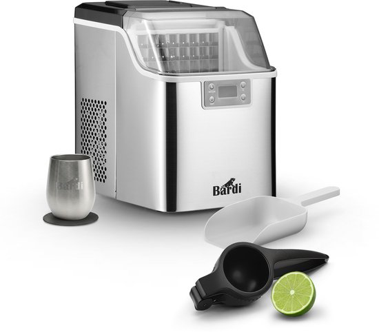 Bardi 3,2L Deluxe IJsblokjesmachine - Vierkante IJsblokmaker - LCD Display - 20Kg/24 uur. inclusief Thermosbeker en IJsschep- RVS met citruspers ZWART