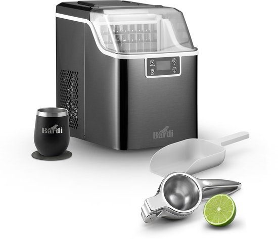 Bardi 3,2L Deluxe IJsblokjesmachine - Vierkante IJsblokmaker - LCD Display - 20Kg/24 uur. inclusief Thermosbeker en IJsschep - ZWART met citruspers RVS