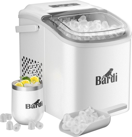 Bardi Deluxe IJsblokjesmachine – IJsblokmaker Inclusief Gratis Luxe Thermosbeker en IJsschep – 9 Blokjes in 8 Minuten – Wit van Bardi