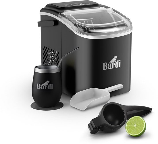 Bardi Deluxe IJsblokjesmachine Set 1,2 Liter - 12KG IJsblokjes in 24 uur - met IJsschep - Inclusief 1 Luxe Thermosbeker en Ijsschep - Zwart - Citruspers Zwart