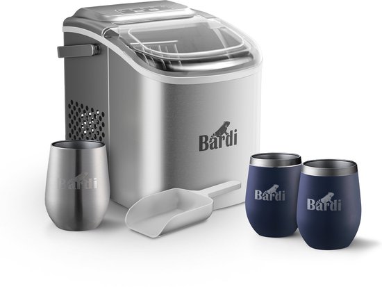 Bardi Deluxe IJsblokjesmachine Set 1,2 Liter RVS - 12KG IJsblokjes in 24 uur - met IJsschep - Inclusief 3 Luxe Thermosbekers en Ijsschep - Blauw van Bardi