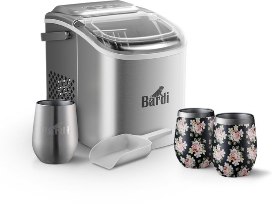 Bardi Deluxe IJsblokjesmachine Set 1,2 Liter RVS - 12KG IJsblokjes in 24 uur - met IJsschep - Inclusief 3 Luxe Thermosbekers en Ijsschep - Bloemetjes van Bardi