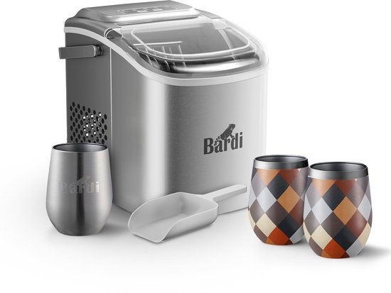 Bardi Deluxe IJsblokjesmachine Set 1,2 Liter RVS - 12KG IJsblokjes in 24 uur - met IJsschep - Inclusief 3 Luxe Thermosbekers en Ijsschep - Blok van Bardi