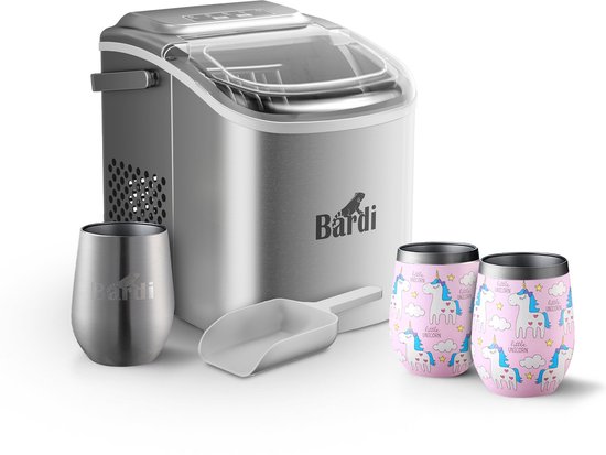 Bardi Deluxe IJsblokjesmachine Set 1,2 Liter RVS - 12KG IJsblokjes in 24 uur - met IJsschep - Inclusief 3 Luxe Thermosbekers en Ijsschep - Eenhoorn van Bardi
