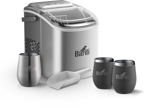 Bardi Deluxe IJsblokjesmachine Set 1,2 Liter RVS - 12KG IJsblokjes in 24 uur - met IJsschep - Inclusief 3 Luxe Thermosbekers en Ijsschep - Grijs van Bardi