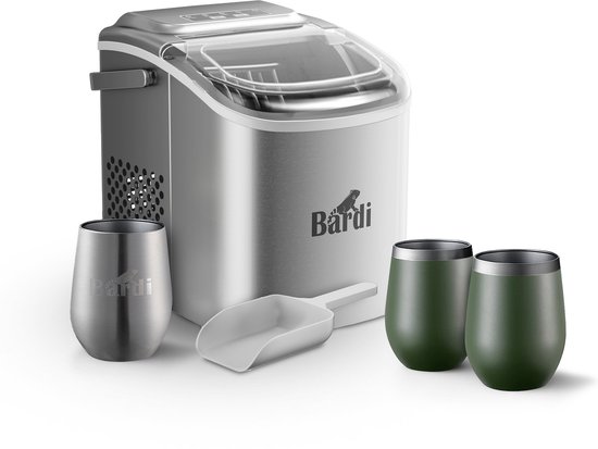 Bardi Deluxe IJsblokjesmachine Set 1,2 Liter RVS - 12KG IJsblokjes in 24 uur - met IJsschep - Inclusief 3 Luxe Thermosbekers en Ijsschep - Groen van Bardi