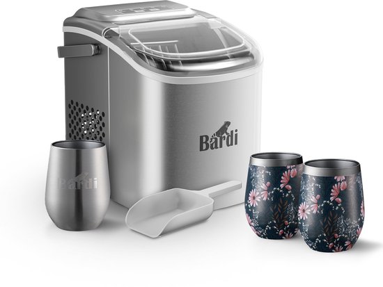 Bardi Deluxe IJsblokjesmachine Set 1,2 Liter RVS - 12KG IJsblokjes in 24 uur - met IJsschep - Inclusief 3 Luxe Thermosbekers en Ijsschep - Japanese Flower van Bardi