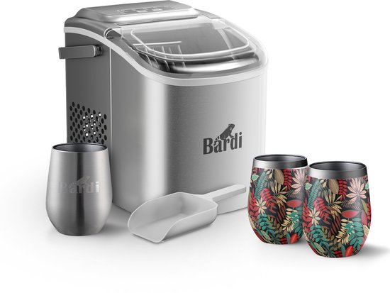 Bardi Deluxe IJsblokjesmachine Set 1,2 Liter RVS - 12KG IJsblokjes in 24 uur - met IJsschep - Inclusief 3 Luxe Thermosbekers en Ijsschep - Jungle van Bardi